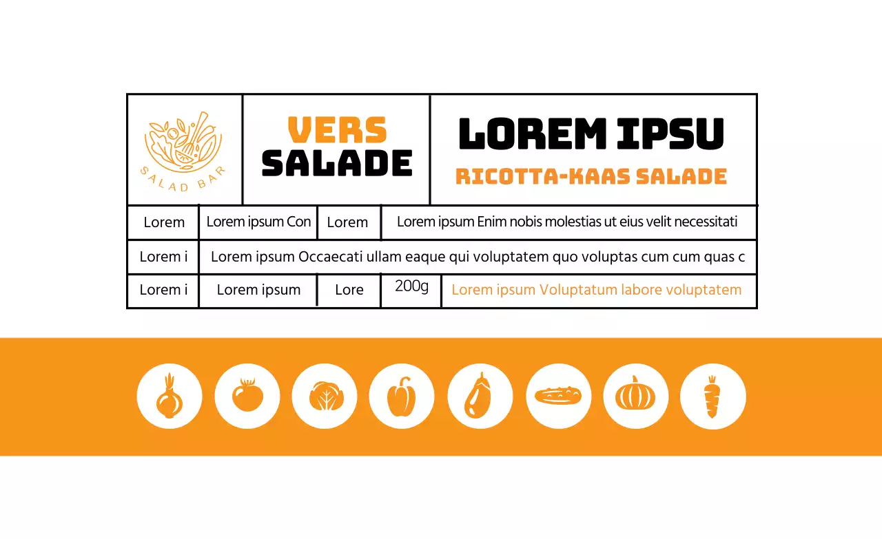 Oranje geïllustreerde voedingsetiketten voor salades