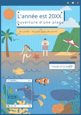 Annonce de l'ouverture d'une plage avec une illustration conceptuelle de l'océan en pop-up bleu