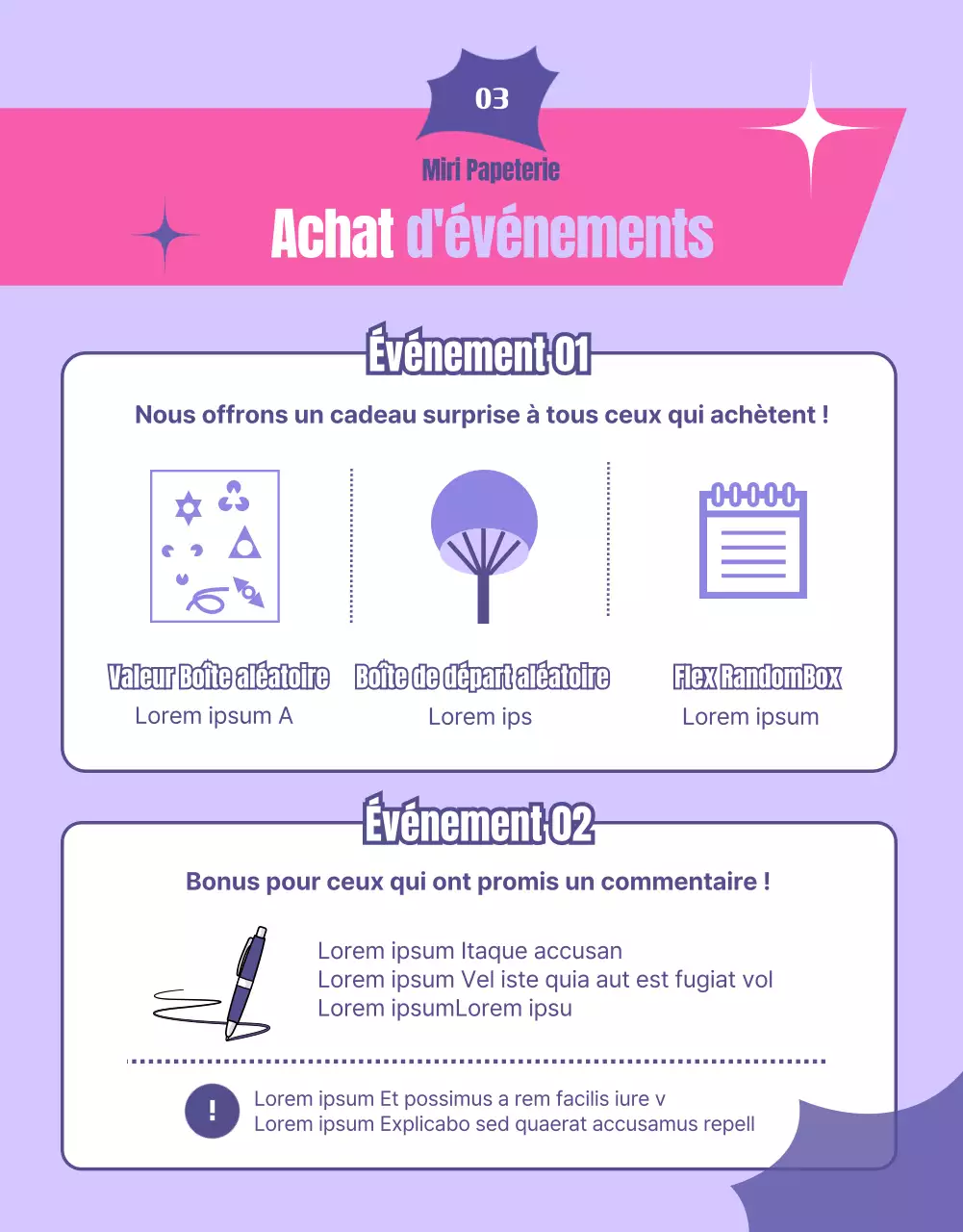 Tirage au sort d'événements mettant en évidence des orbes ronds roses et violets