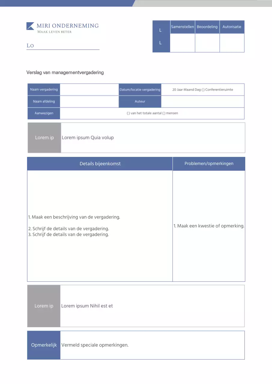 Eenvoudig blauw en grijs verslag van de notulen van de directievergadering