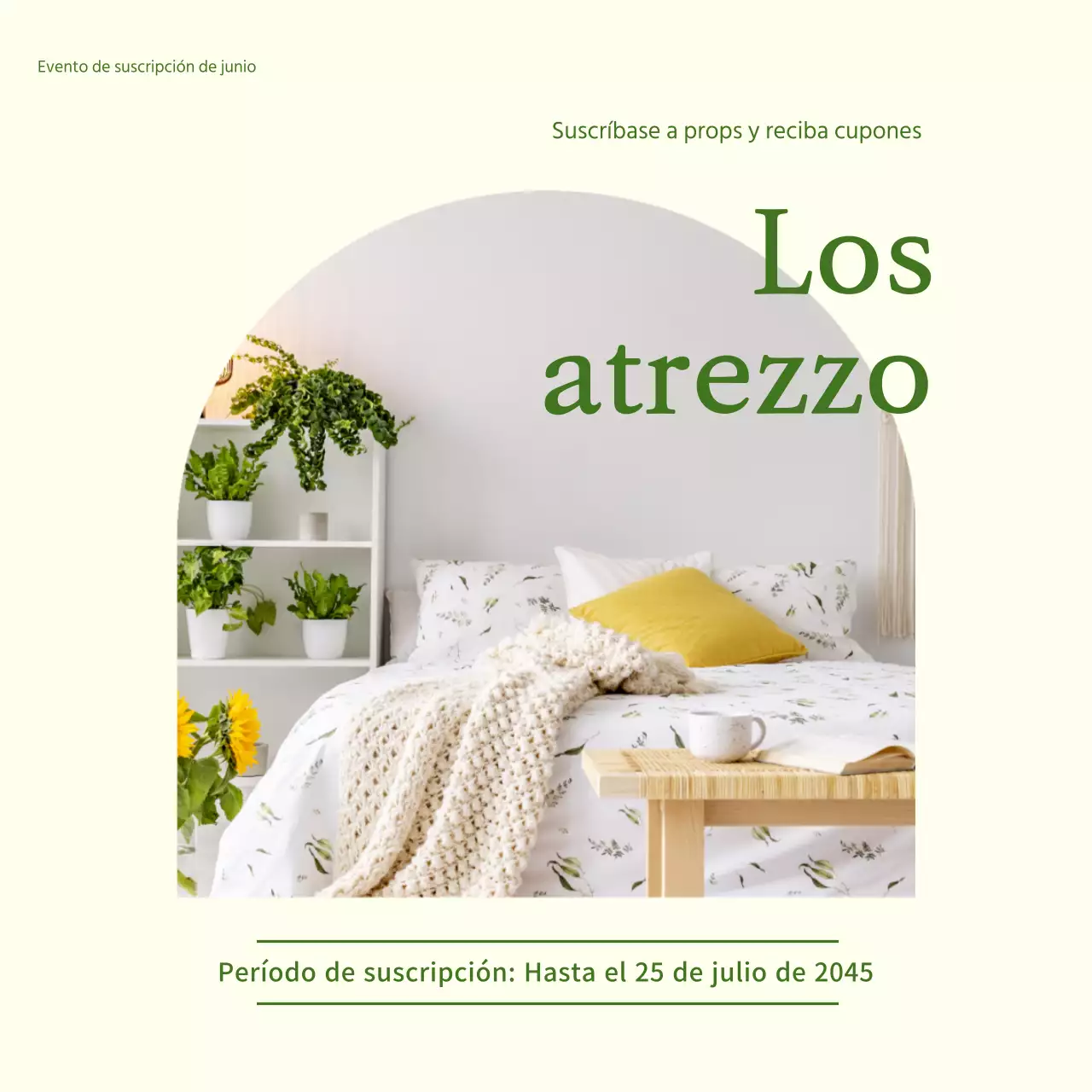 Banner de diseño limpio con fondo marfil y fuente verde para un ambiente primaveral en el interior