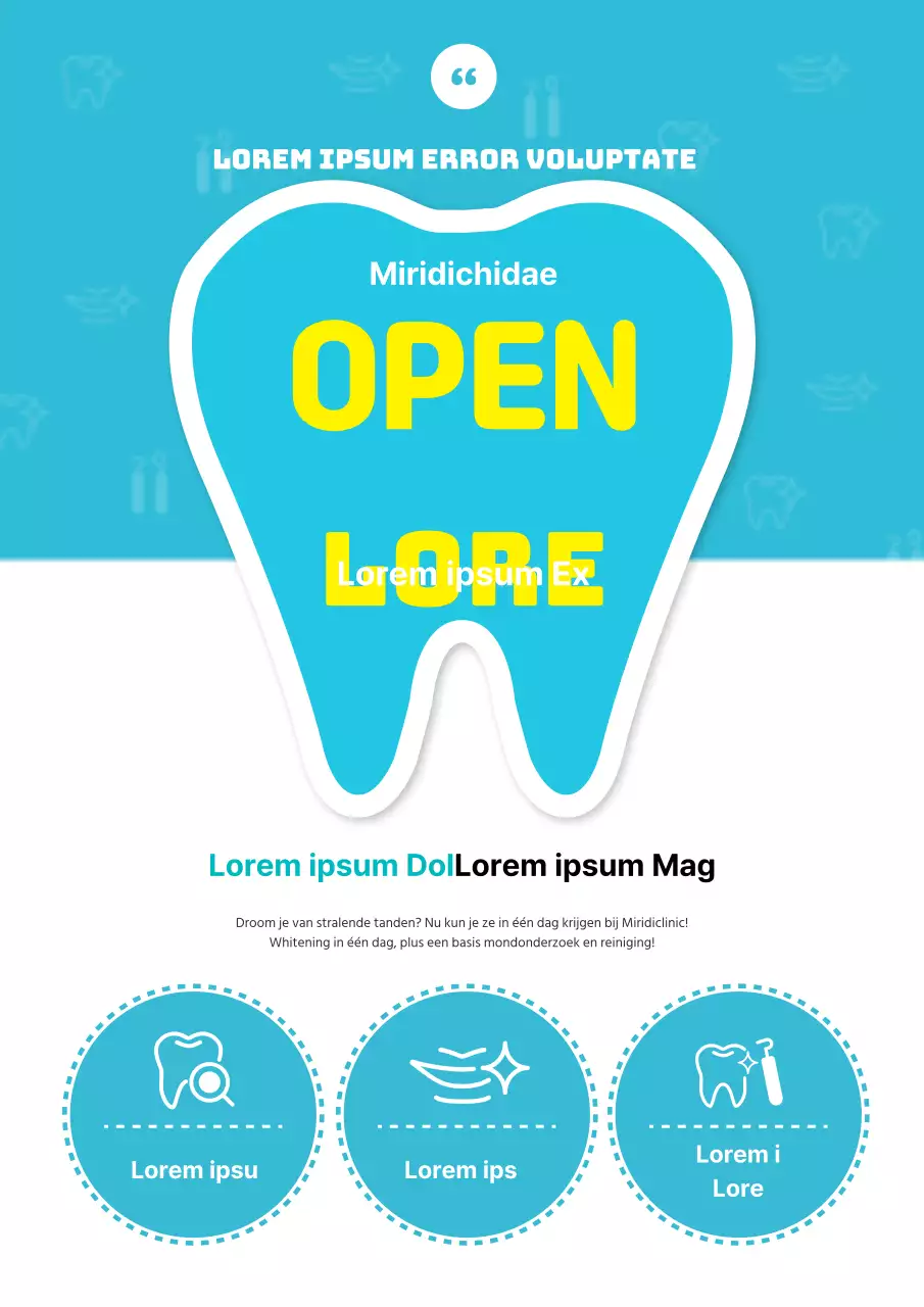Nette tandheelkundige open gebeurtenis met blauwe, tandvormige illustraties
