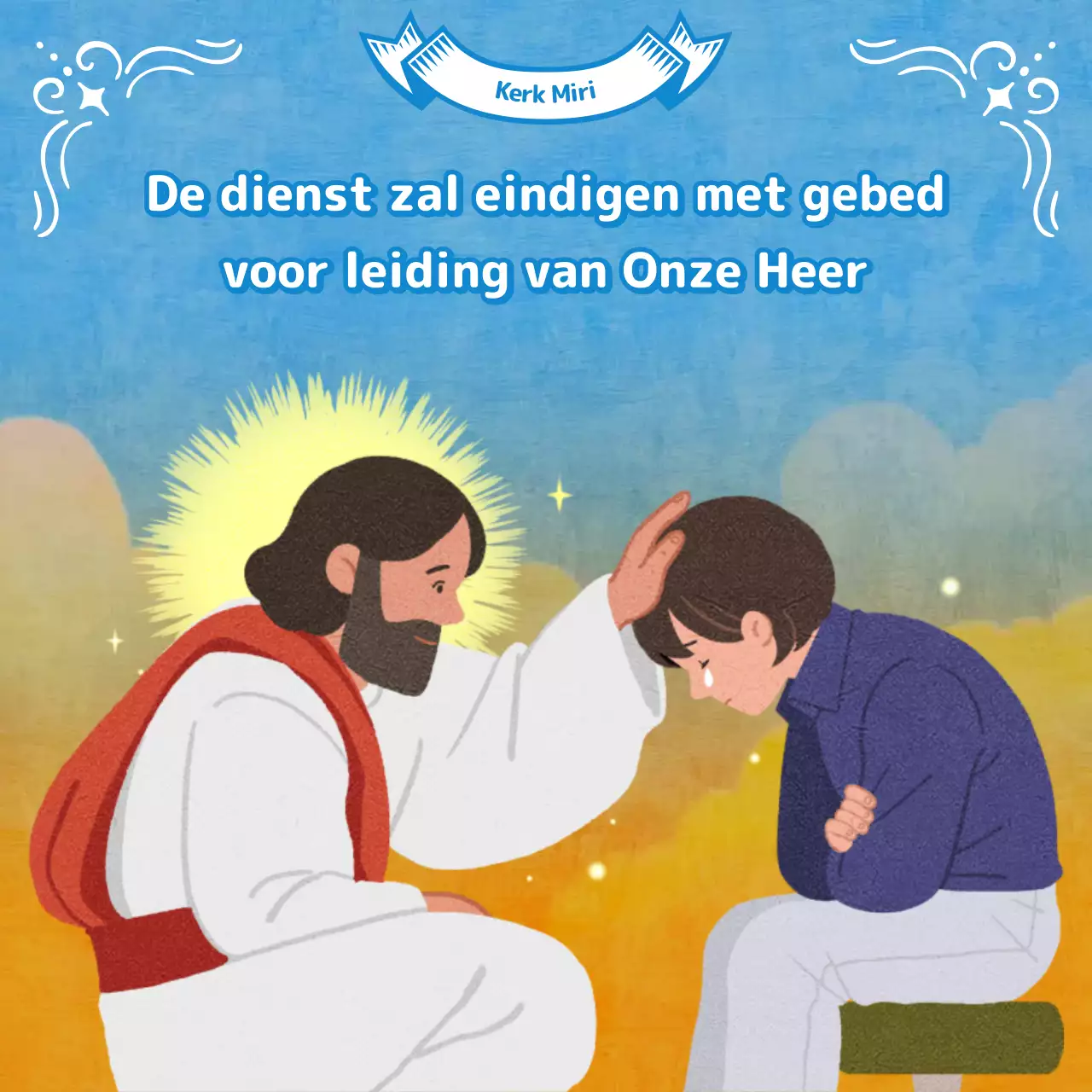 Aanbiddingsbulletin in lichtblauwe tinten met christelijke illustraties