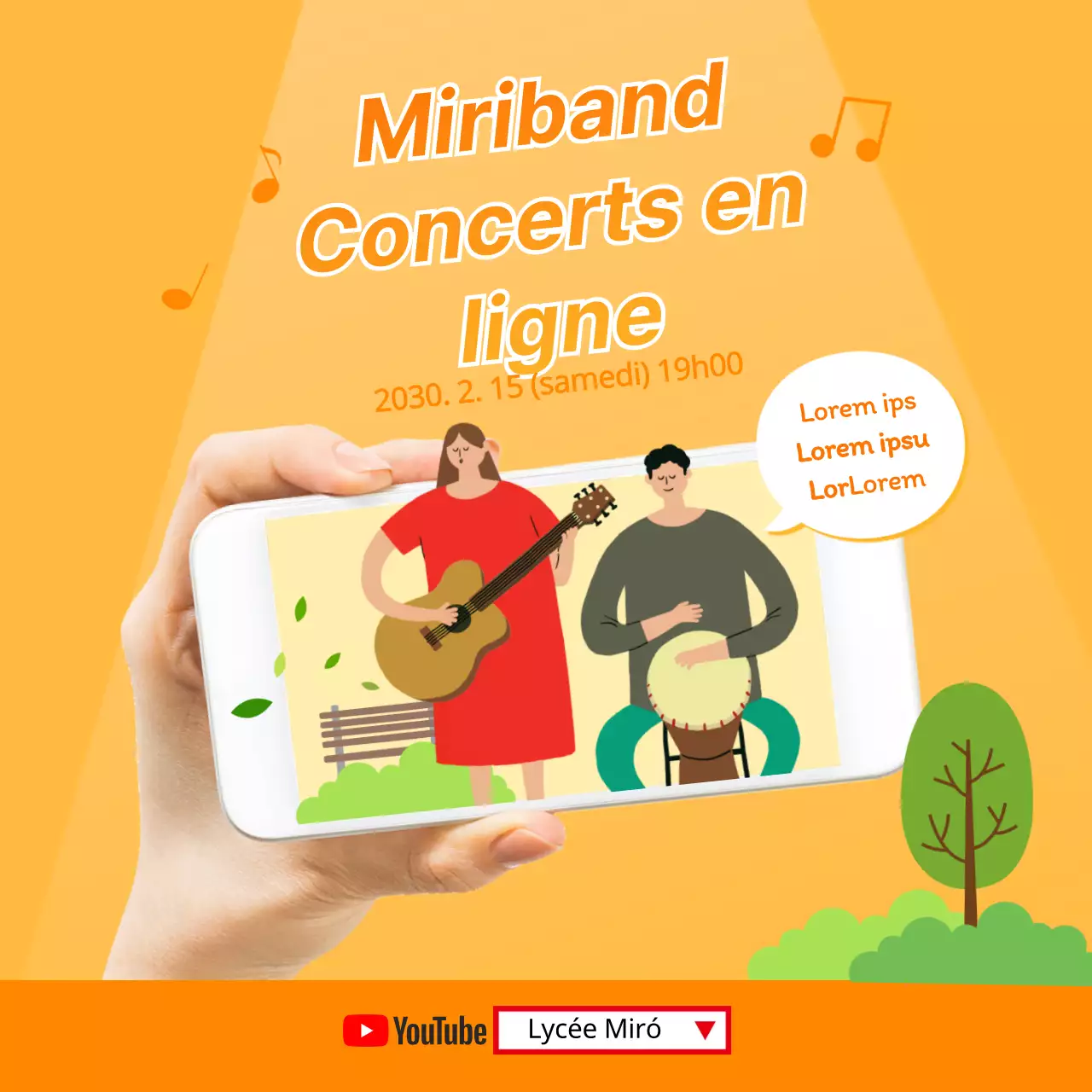 Concert en ligne d'un club de musique avec des illustrations jaunes et orange