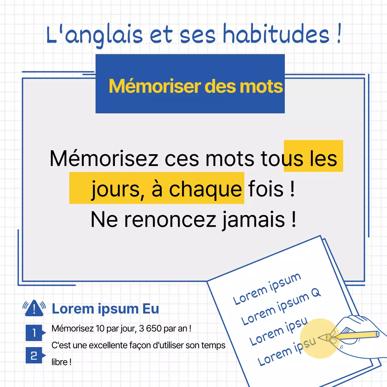 Illustration simple en jaune et bleu pour promouvoir l'apprentissage de l'anglais