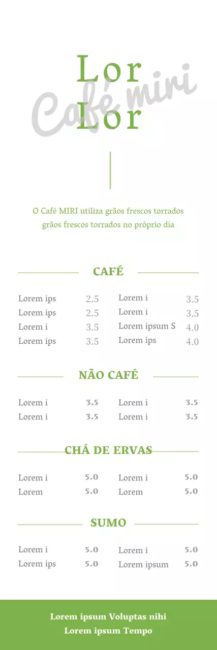 Ilustração a caneta de um cartaz de menu de um café em branco e verde lima.