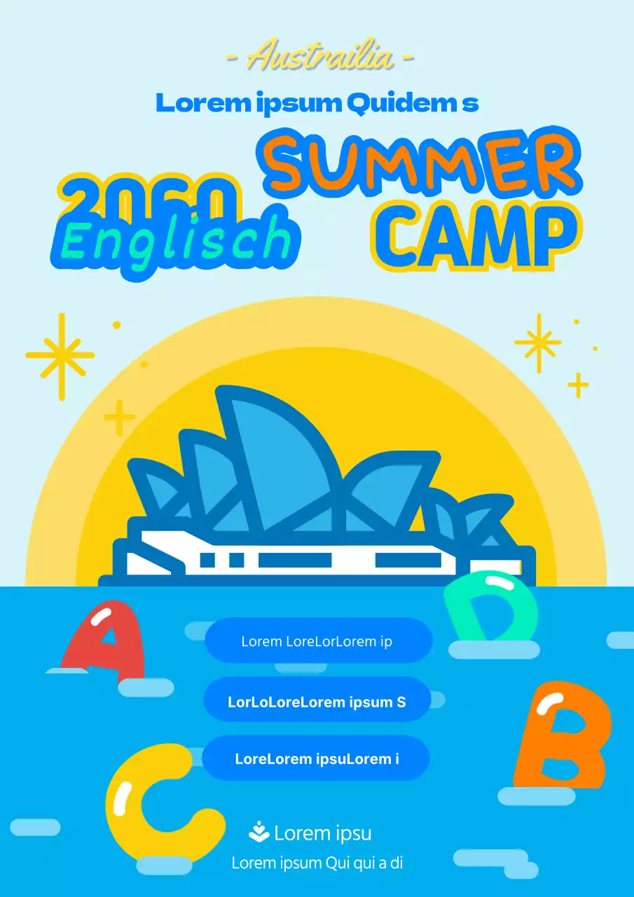 Englisches Camp-Plakat mit einer niedlichen blauen und gelben Illustration von Australien