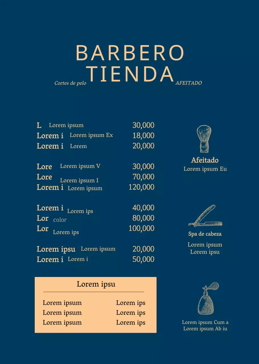 Tablero de menú de barbería ilustrado vintage en amarillo crema