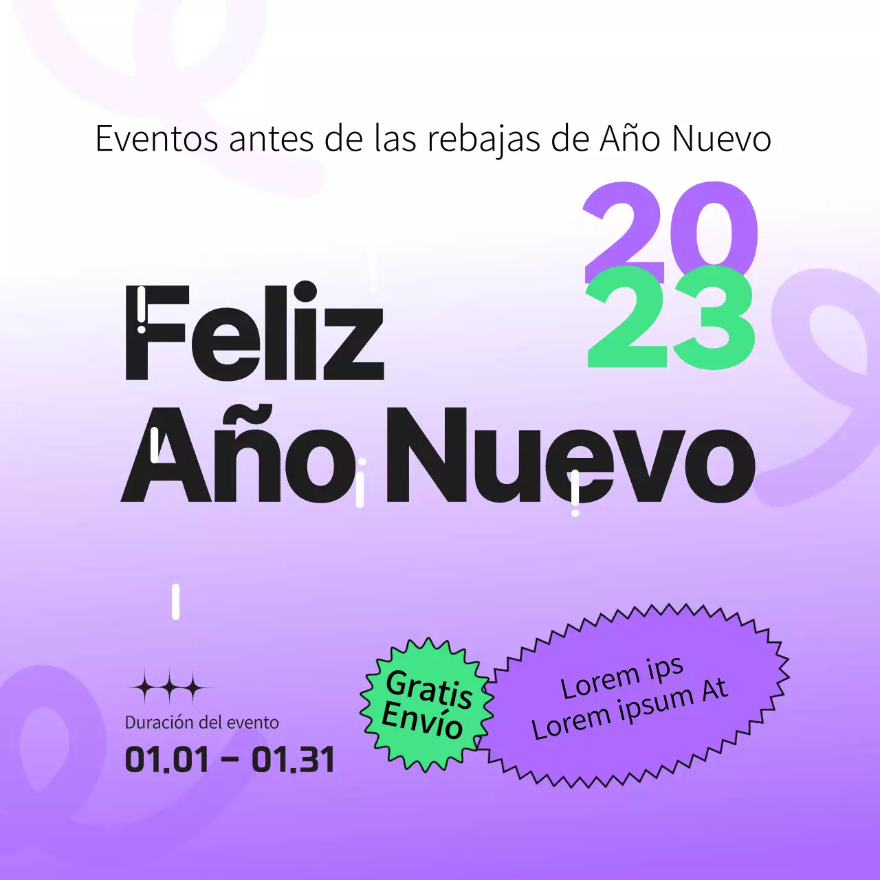 Anuncio de Feliz Año 2023 en púrpura y chartreuse fluorescente
