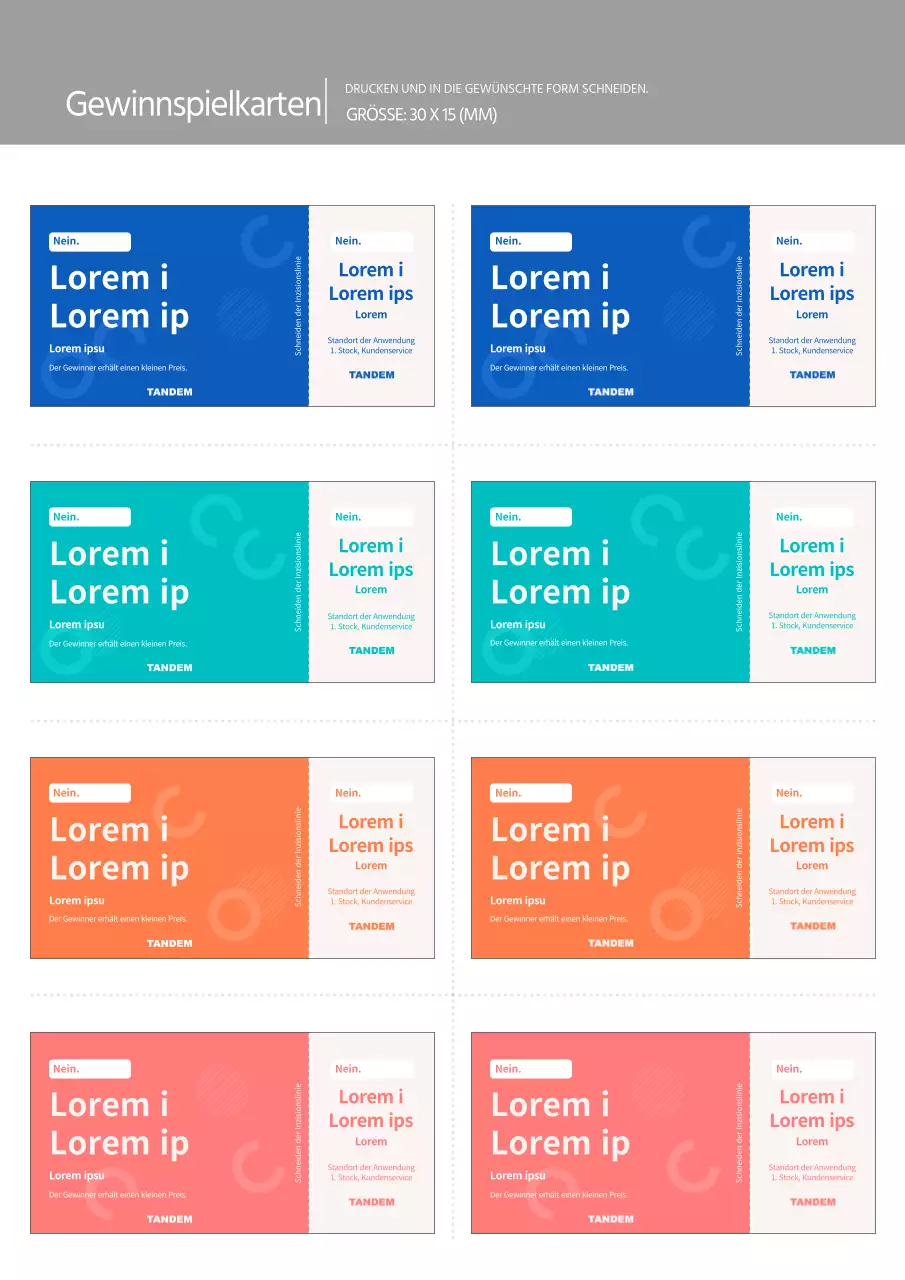 Gewinnspielunterlagen in Blau, Mint, Orange und Koralle