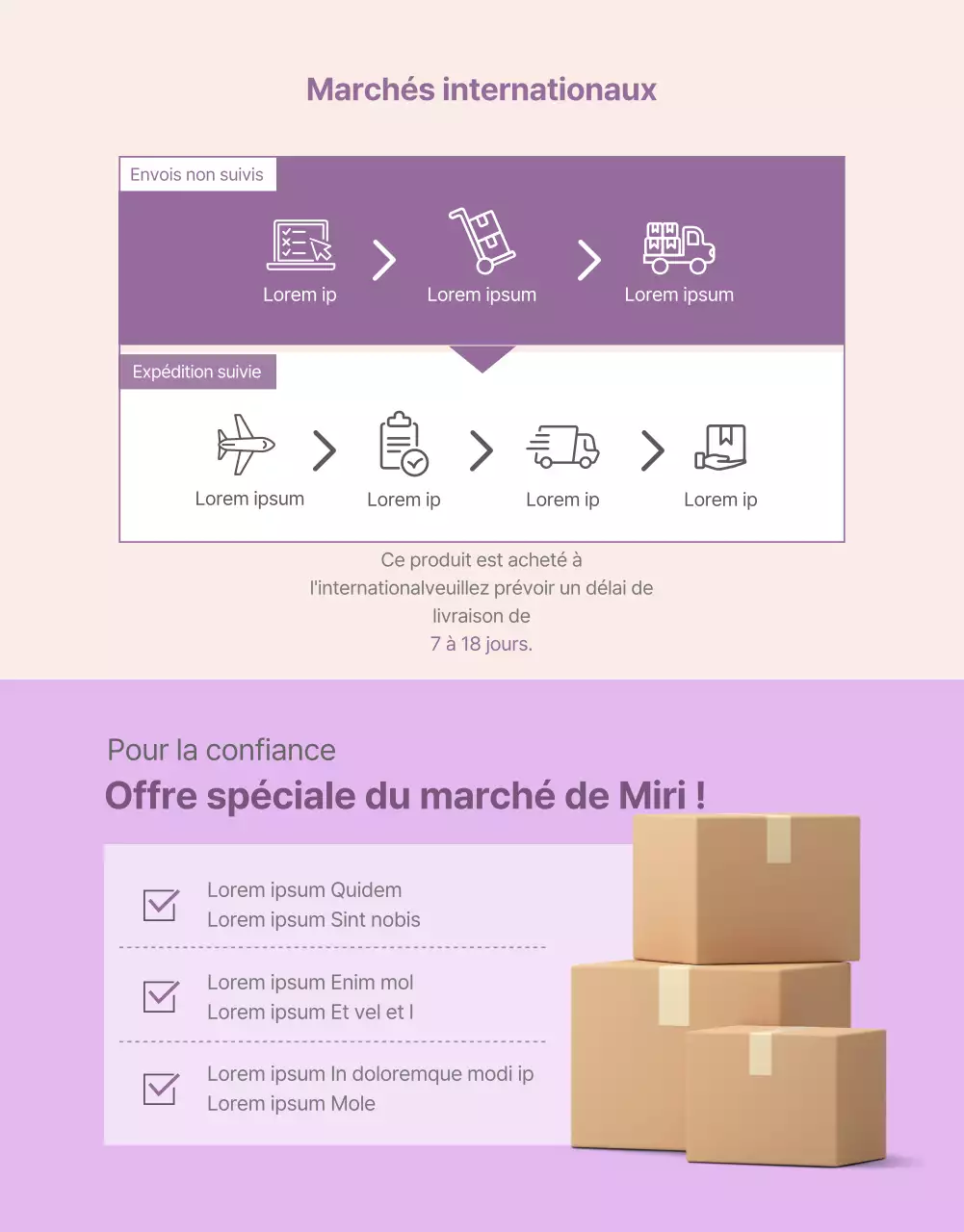 Page détaillée simple sur les achats outre-mer avec des accents violets