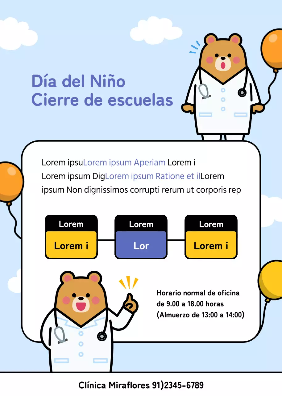 Aviso de cierre del Día del Niño con una simpática ilustración de un oso médico sobre fondo azul claro