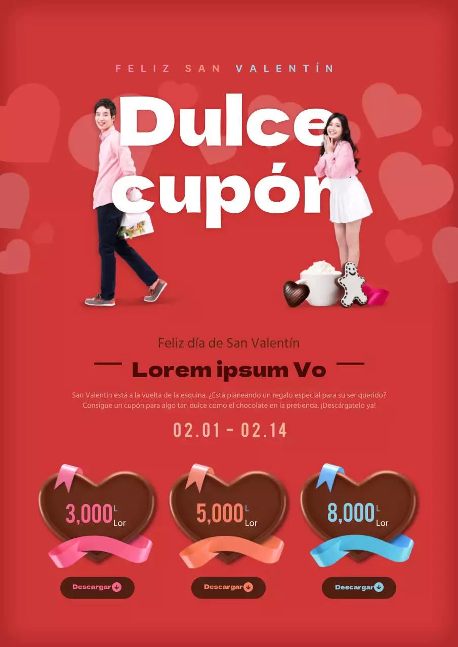 Bonito cupón de San Valentín en rojo