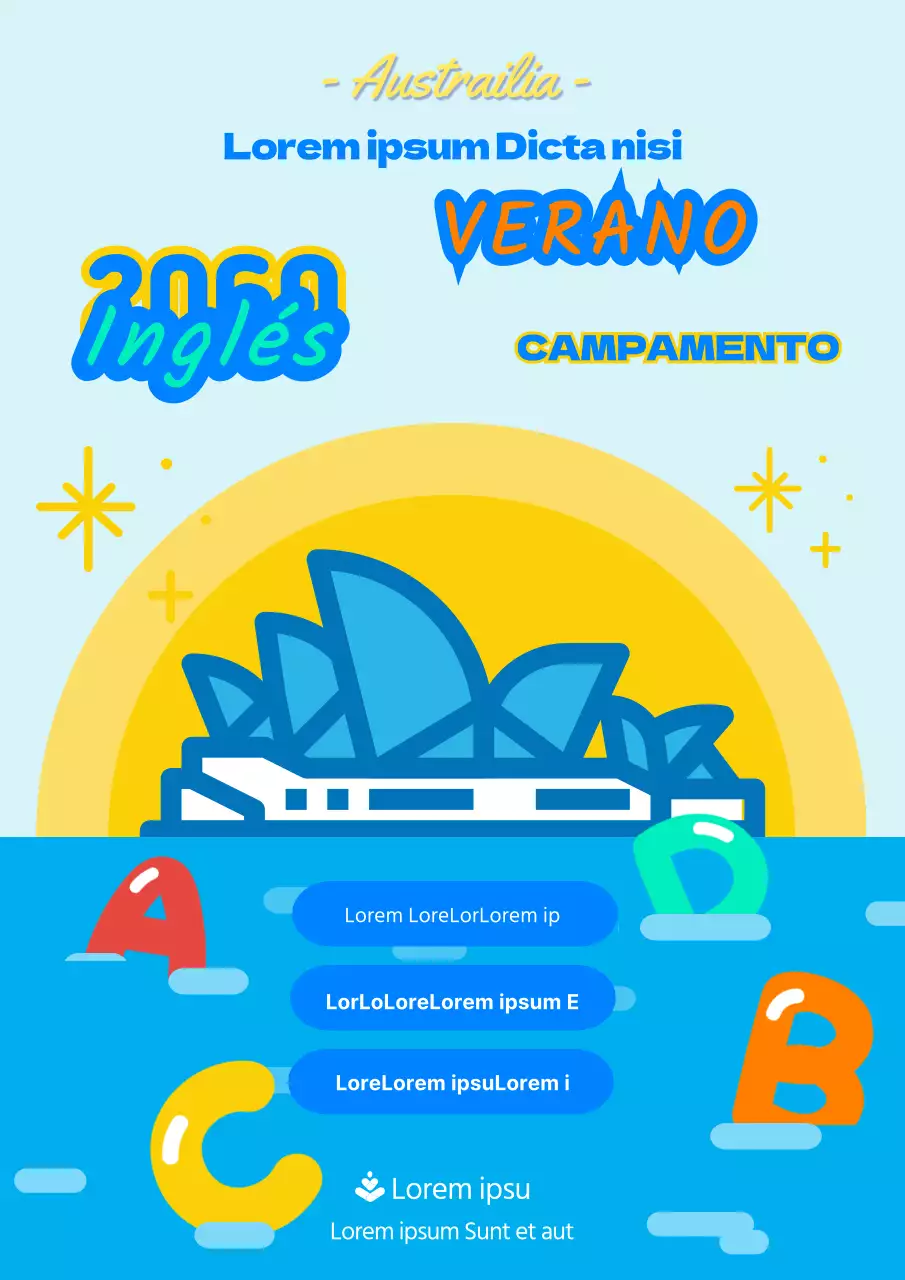 Cartel de campamento inglés con una simpática ilustración azul y amarilla de Australia