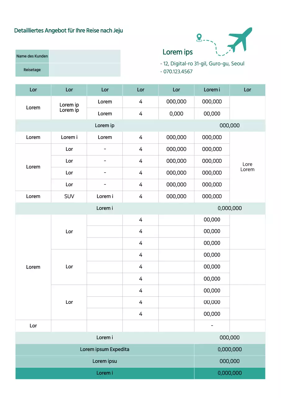 Detailliertes Angebot für eine Reise nach Jeju in grün