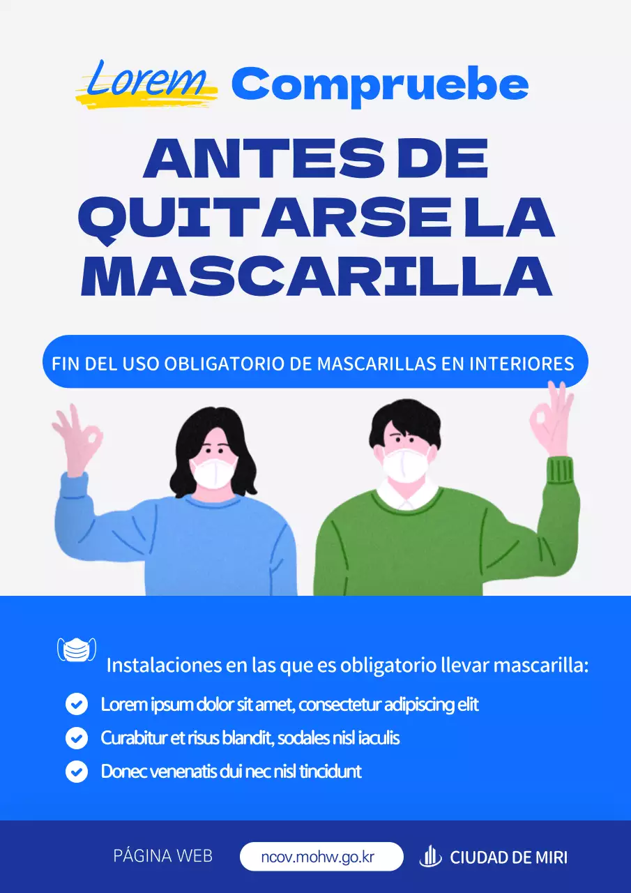 Un recordatorio limpio, azul e ilustrado de que las mascarillas no son obligatorias.