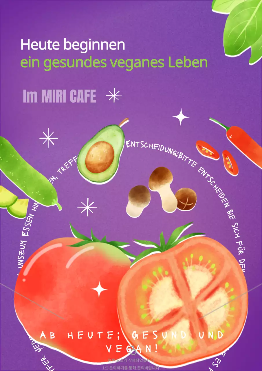 Aquarell-Illustration von Gemüse auf einem lila und grünen Hintergrund Veganes Cafe Event