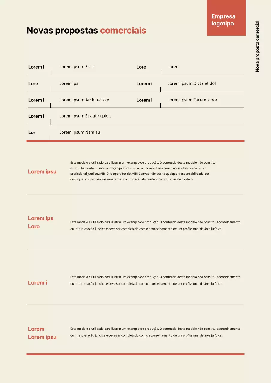 Proposta de novo negócio num formato tabular simples a laranja