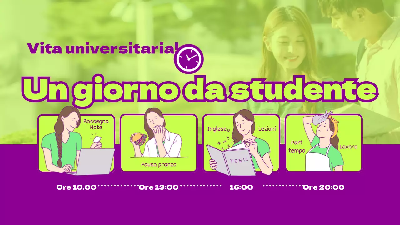 La routine giornaliera di un principiante in verde chiaro e viola in formato orario orizzontale.