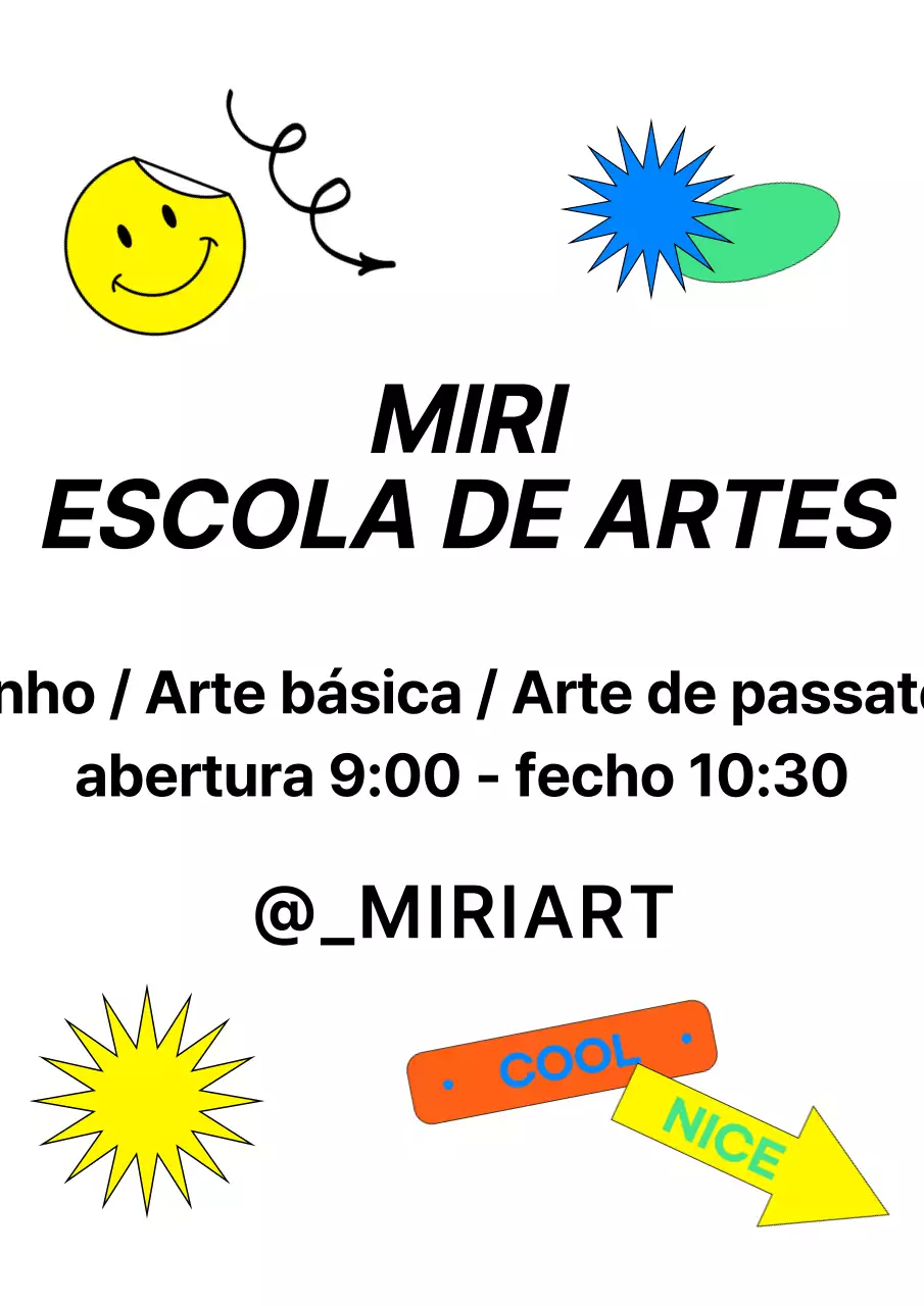 Um design promocional para uma escola de arte com uma variedade de autocolantes coloridos.