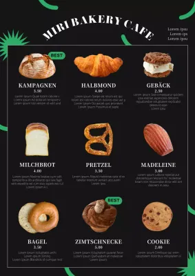 Schwarzes Menü-Plakat für ein trendiges Bäckerei-Café