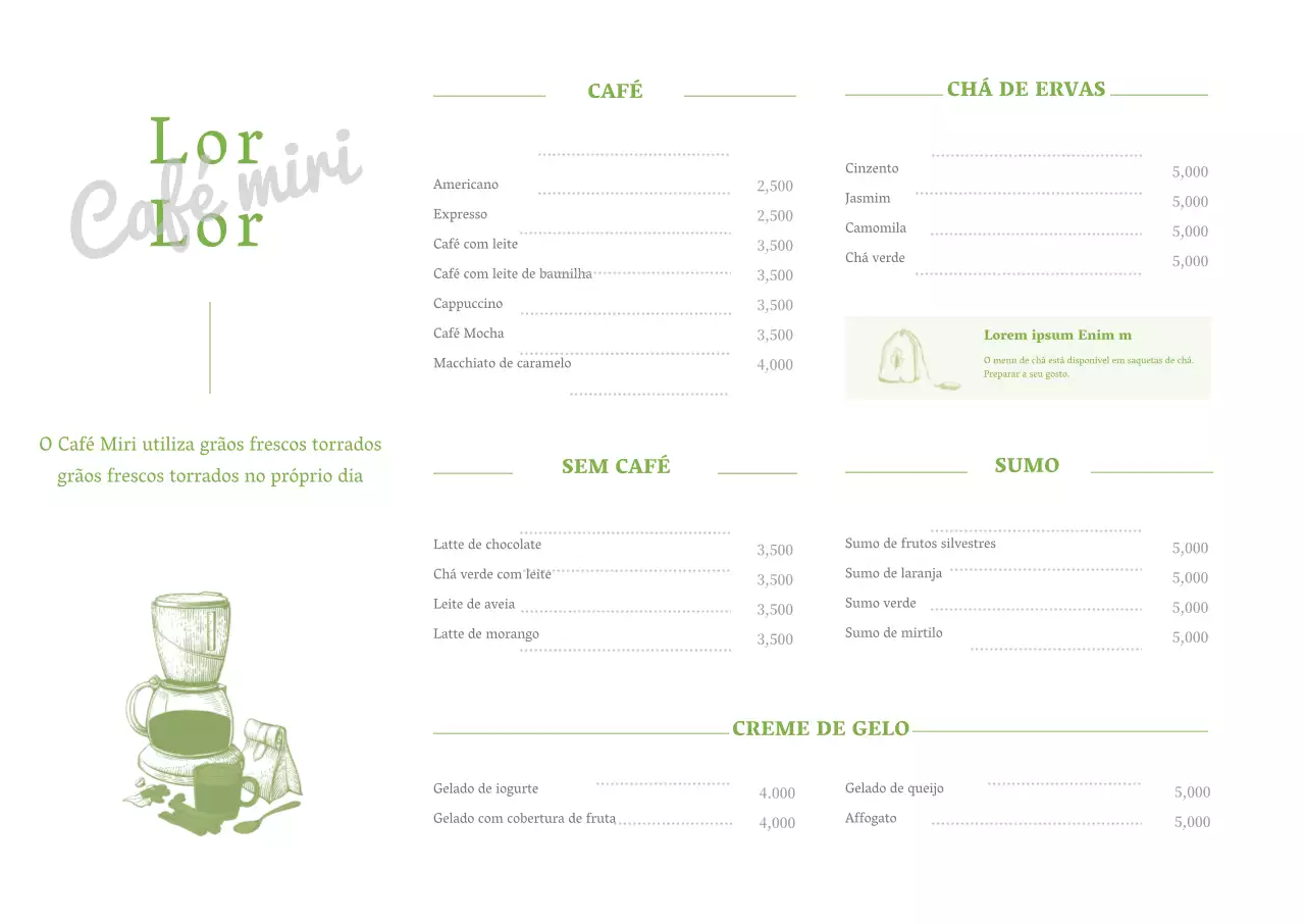 Ilustração a caneta branca e verde lima de um cartaz horizontal de um menu de café