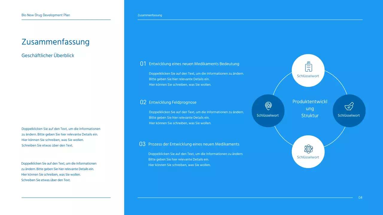Ein sauberer, blau getönter Geschäftsplan für ein Pharmaunternehmen, das ein neues Medikament entwickelt.