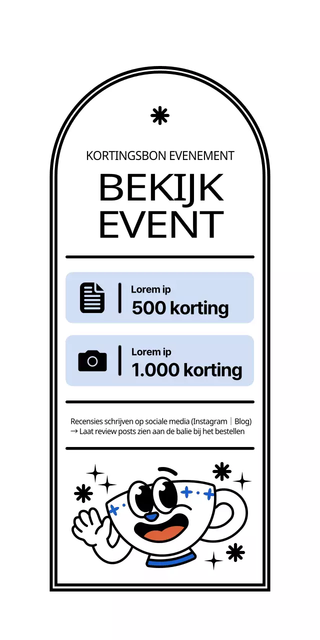 Een schattige en hippe koffiemok in wit en lichtblauw-zwarte karakterstijl Review Event Announcement