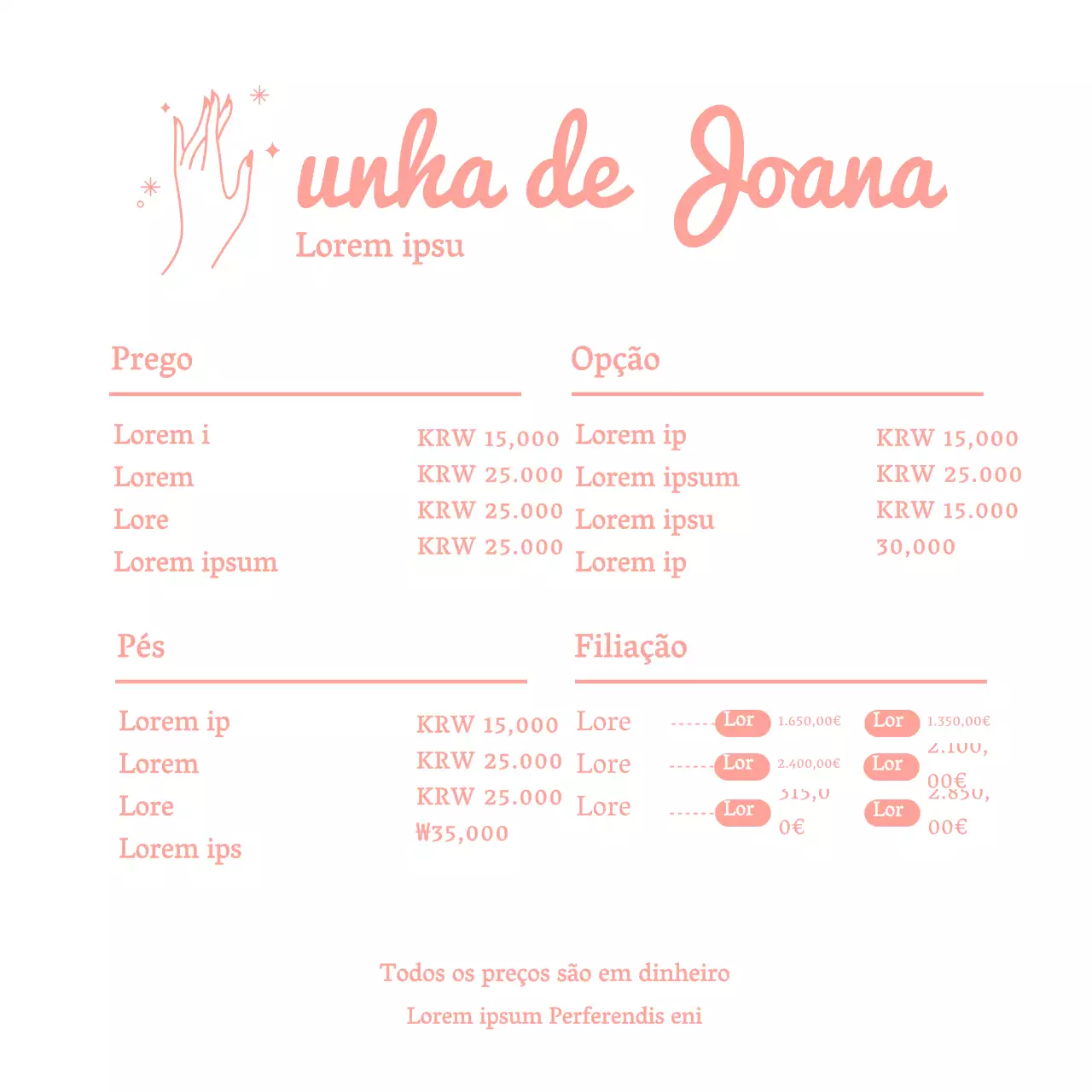 Placa de menu para salão de unhas simples cor-de-rosa Suporte acrílico para salão de unhas