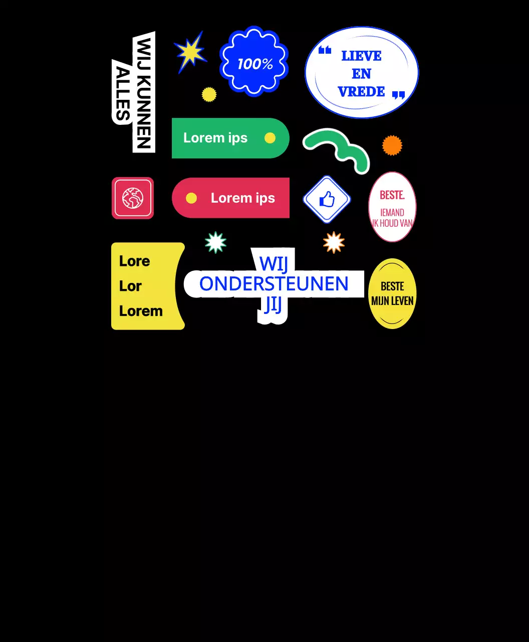 Hip concept merchandise groep t-shirts met kleurrijke tekst en iconen