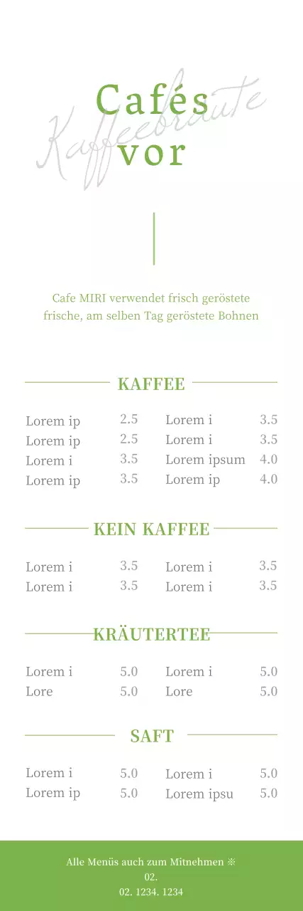 Stift-Illustration eines Café-Menü-Board-Banners in weiß und lindgrün.