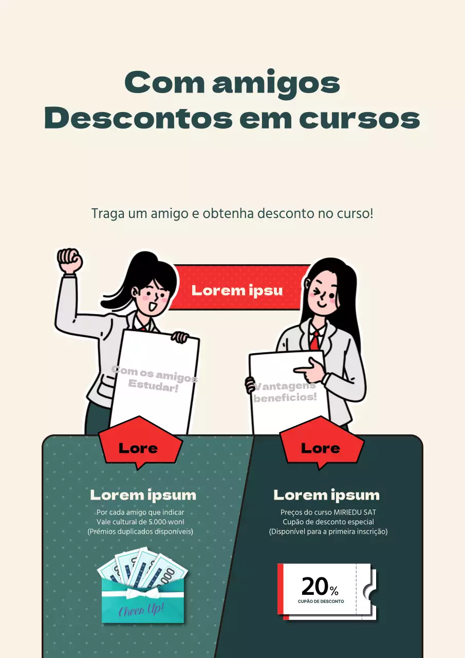 Promova o evento de desconto nas propinas da sua escola com ilustrações de alunos em marfim e azul-petróleo