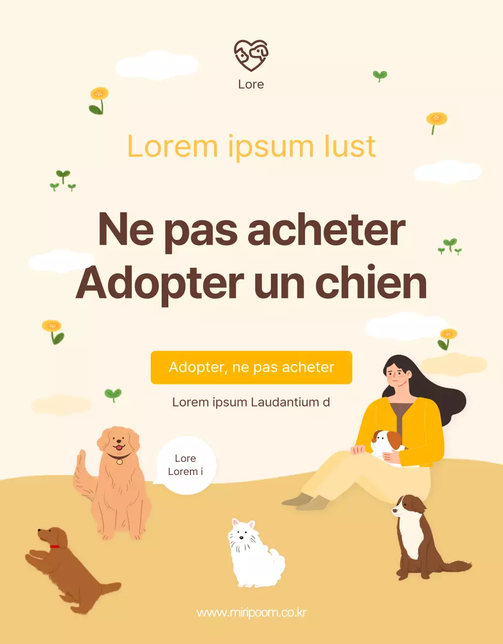 Page de détail du poste d'adoption illustrée dans les tons jaune-brun