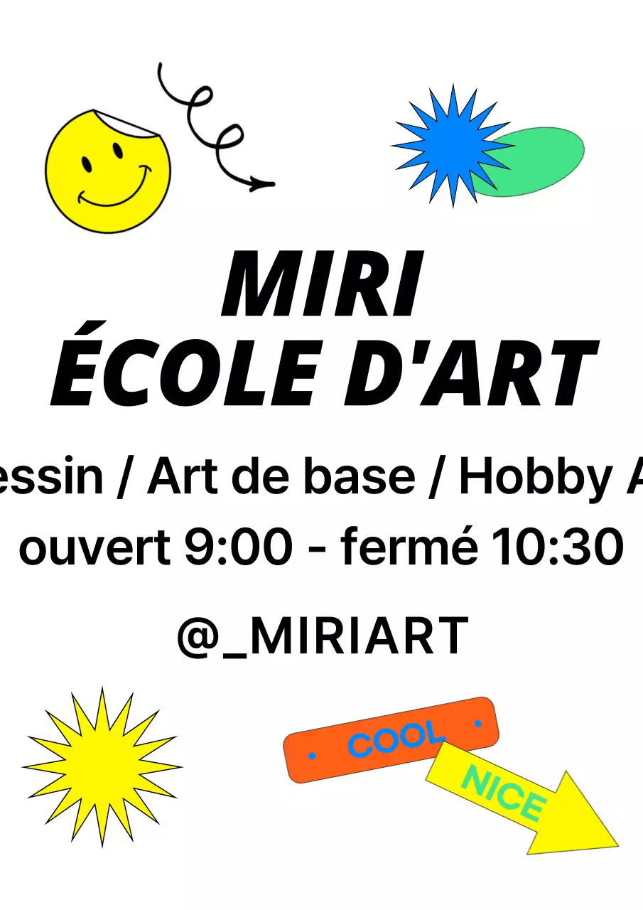 Une conception promotionnelle pour une école d'art présentant une variété d'autocollants colorés.