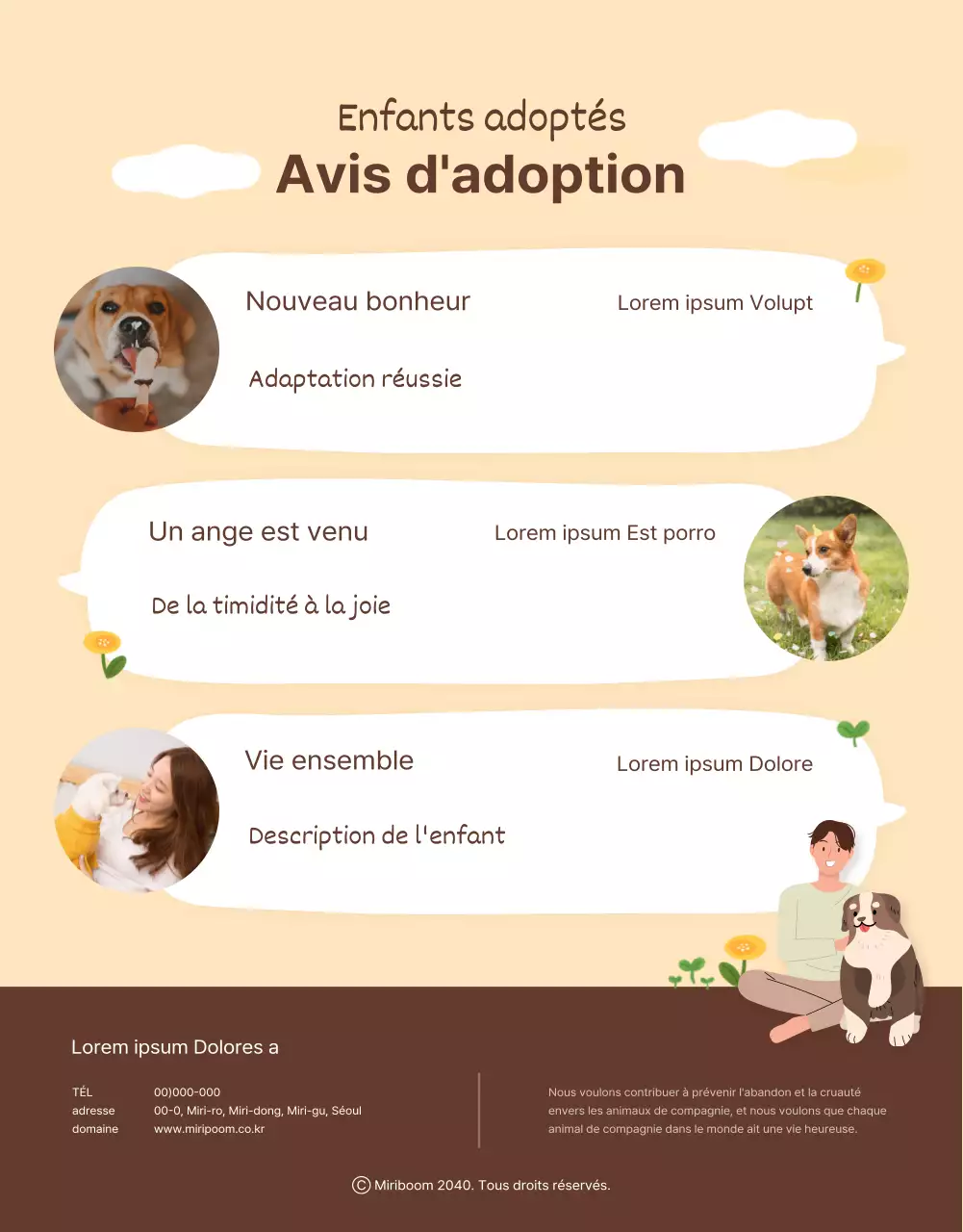Page de détail du poste d'adoption illustrée dans les tons jaune-brun