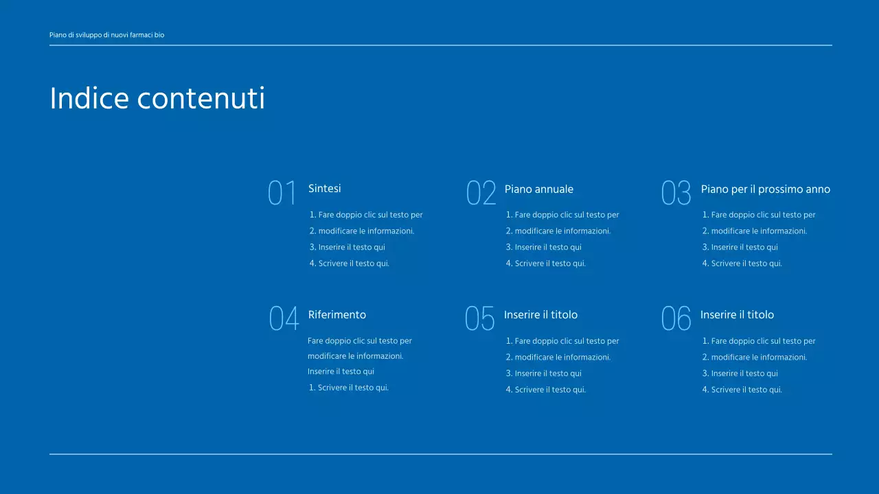 Un business plan pulito e dai toni blu per un'azienda farmaceutica che sviluppa un nuovo farmaco.