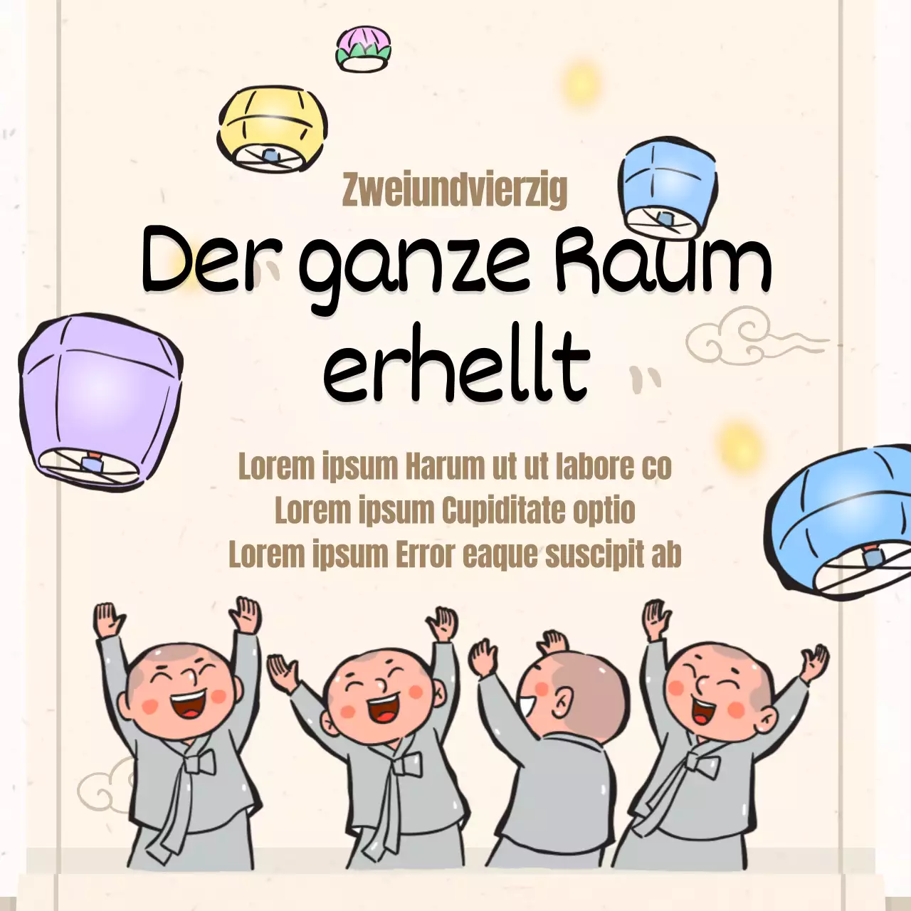 Eine Sammlung von buddhistischen Illustrationen in Beige.