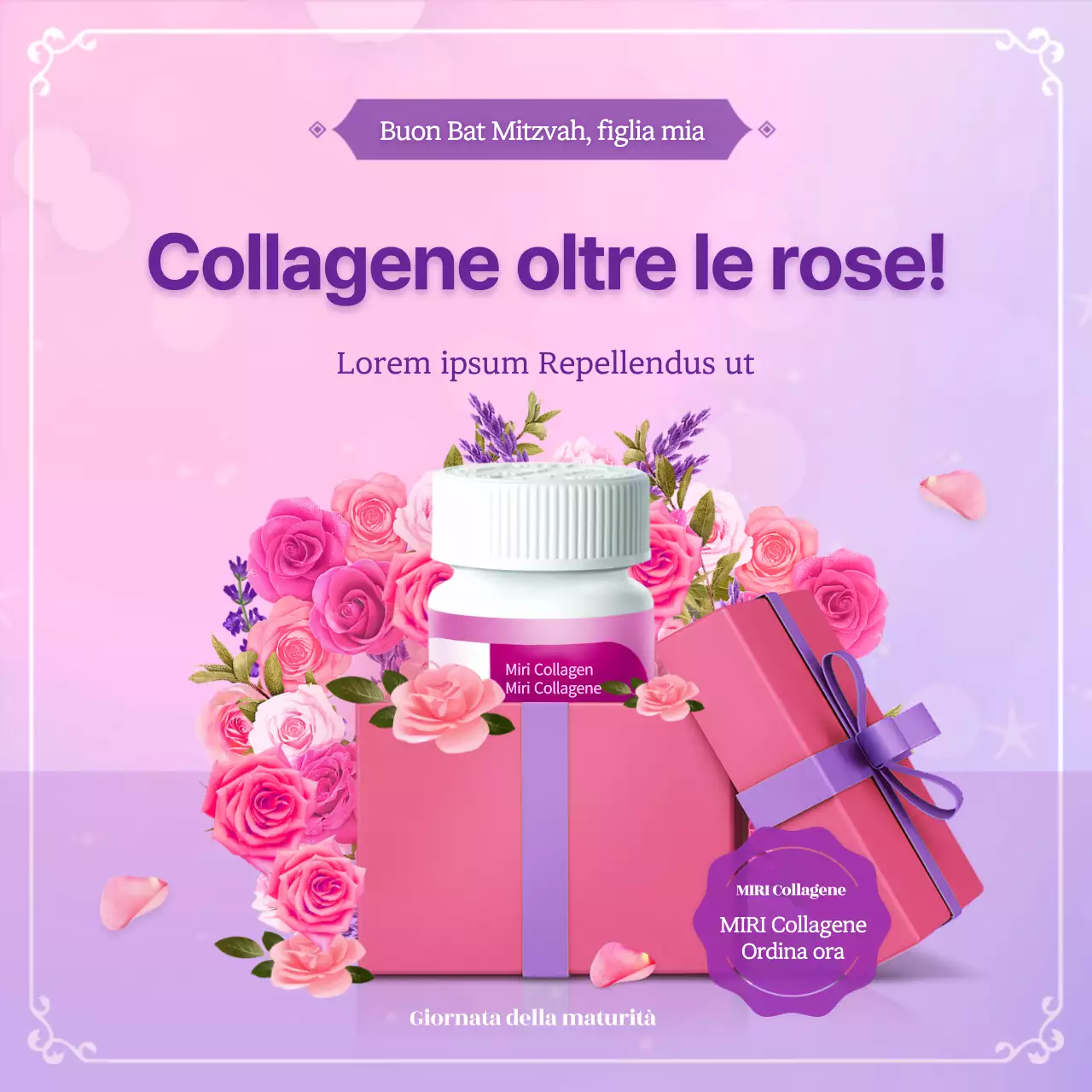 Uno sfondo rosa femminile in rosa e viola per un evento di collagene per il raggiungimento della maggiore età.