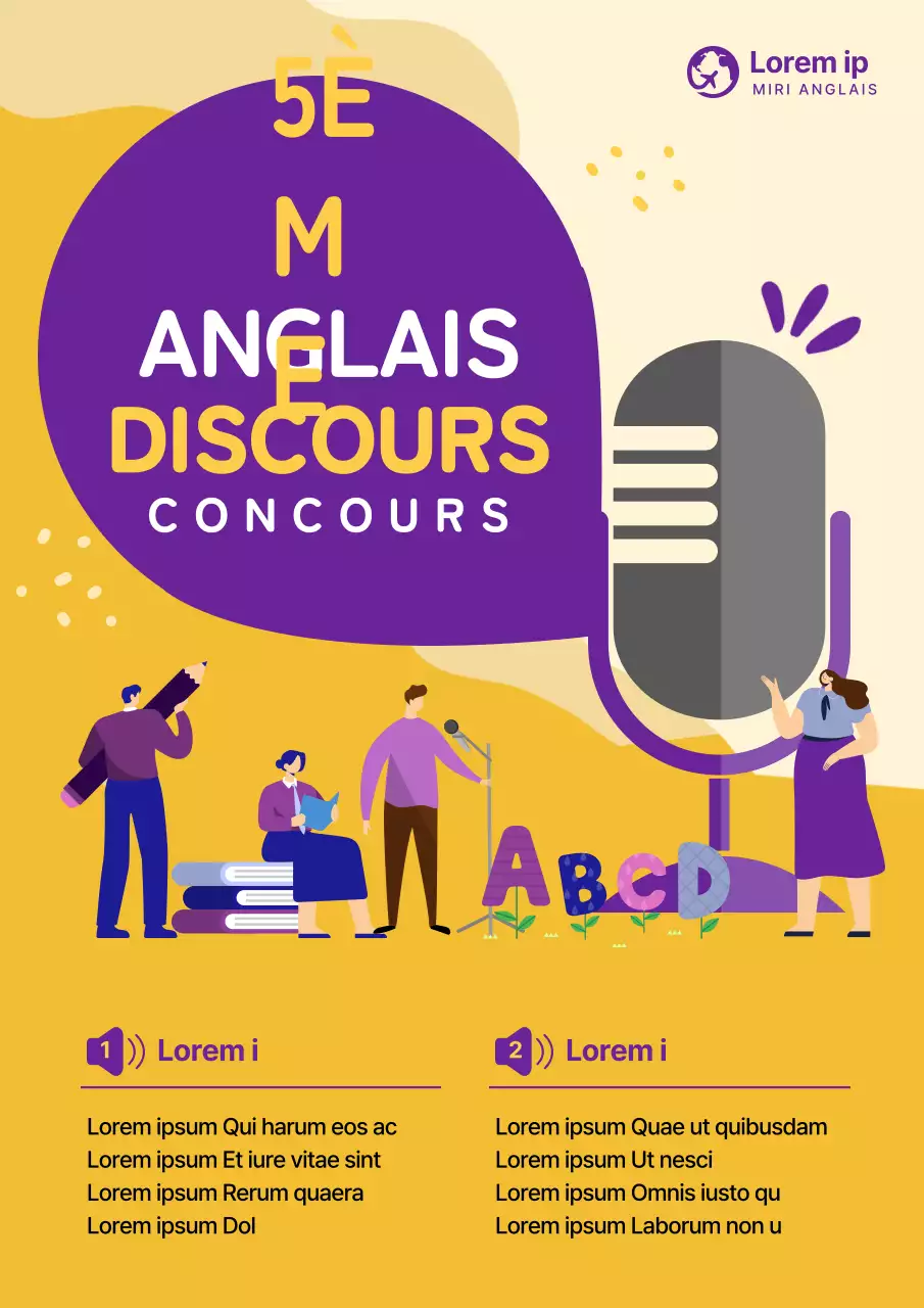 Illustrations d'élèves en violet et jaune pour le concours d'expression orale en anglais