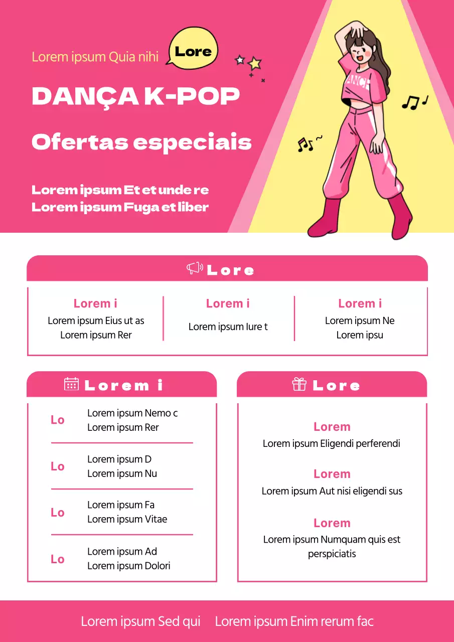 Aulas de dança K-pop giras em cor-de-rosa e amarelo vivo