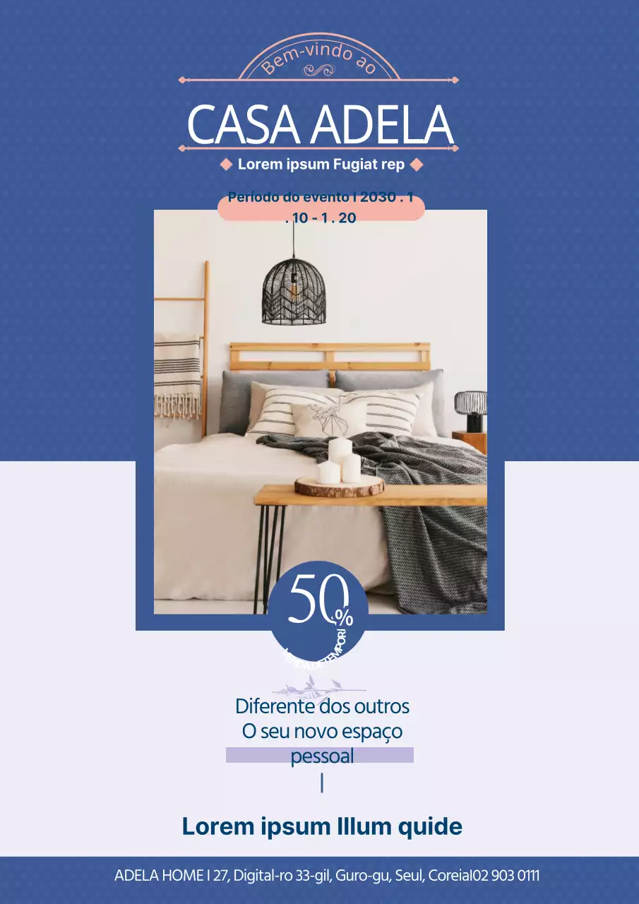 Folheto de promoção de um evento de descontos para uma marca de artigos de interior com estilo, em azul e branco