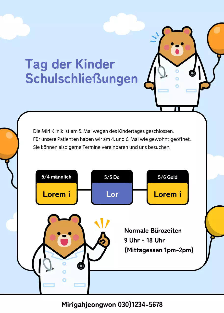 Children's Day Schließung Hinweis mit einem niedlichen Bären Arzt Illustration auf einem hellblauen Hintergrund