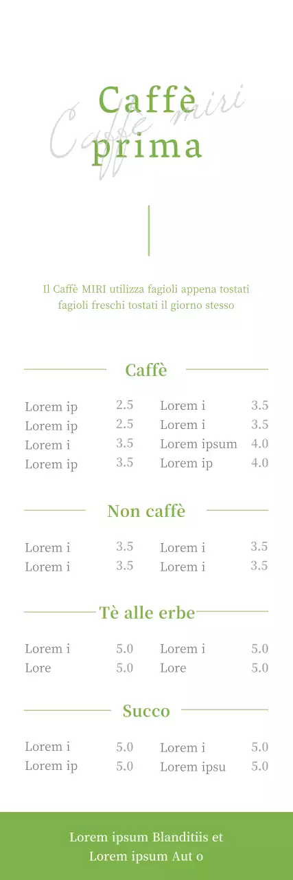 Illustrazione a penna di un cartellone di menu di un caffè in bianco e verde lime.