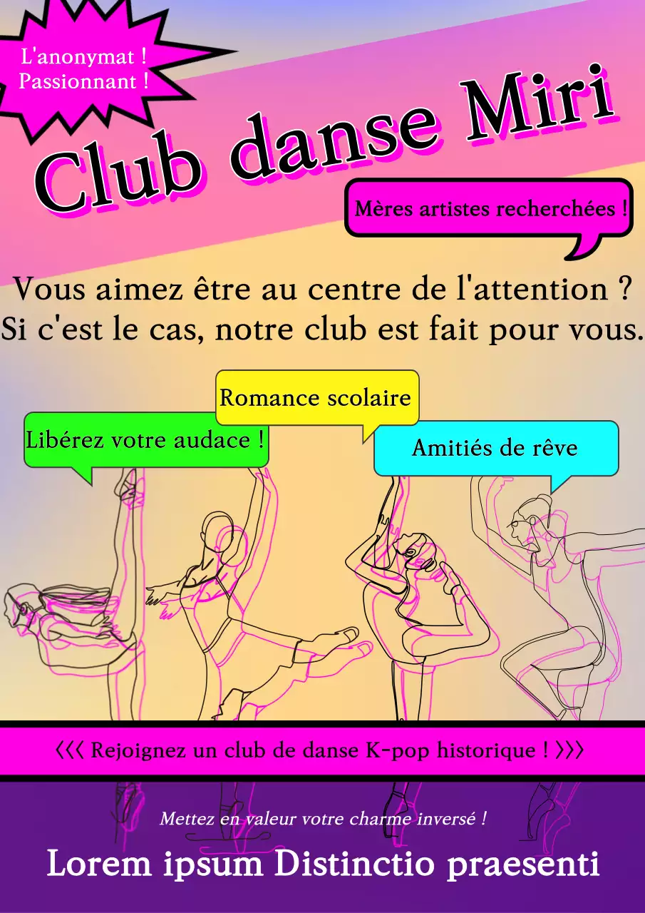Un flyer de club de danse amusant avec des accents roses et des éléments colorés.