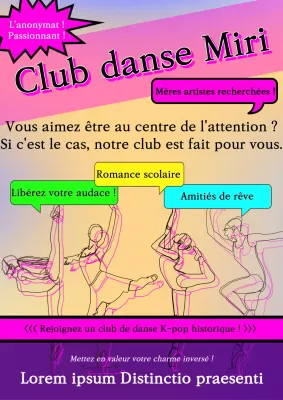Un flyer de club de danse amusant avec des accents roses et des éléments colorés.