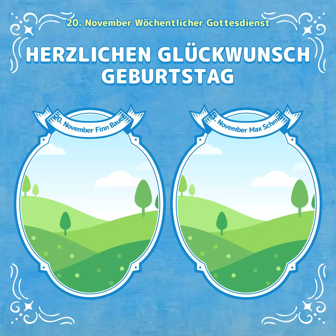 Gottesdienstbulletin in hellblauen Tönen mit christlichen Illustrationen