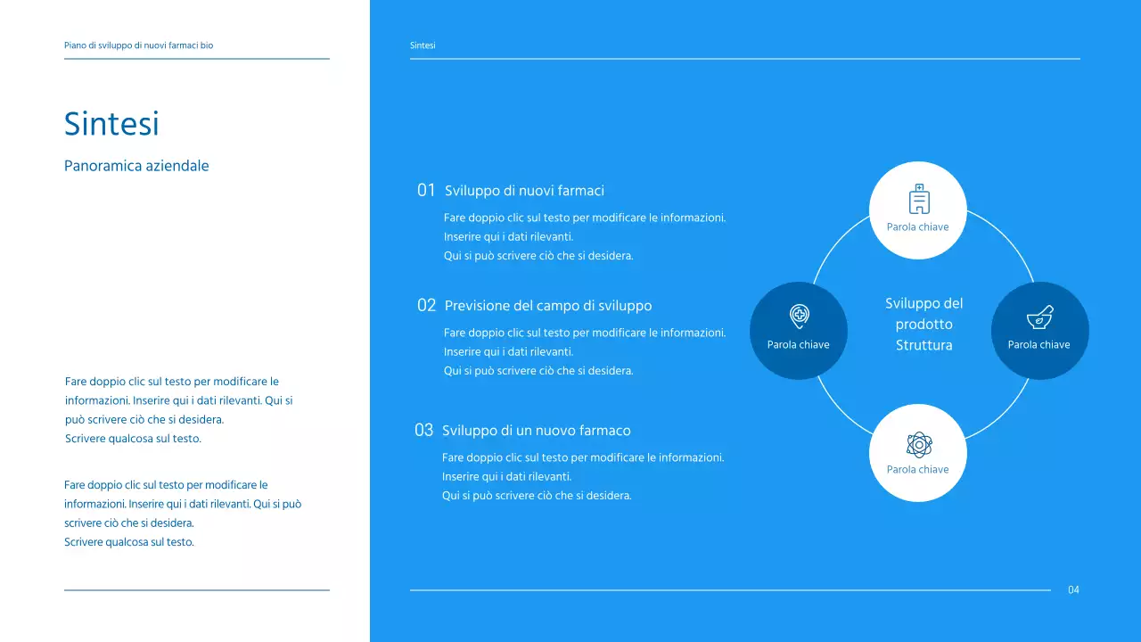 Un business plan pulito e dai toni blu per un'azienda farmaceutica che sviluppa un nuovo farmaco.