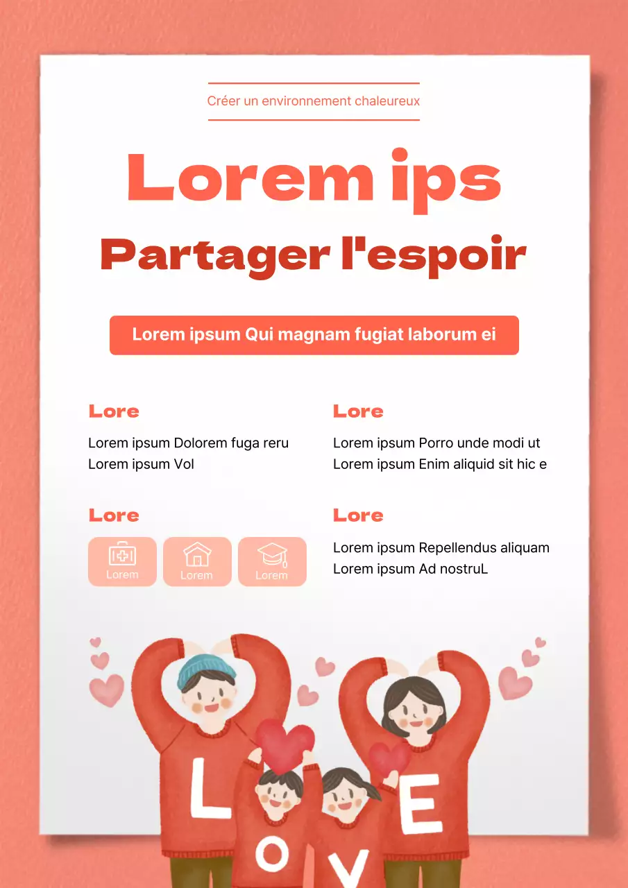 Thème de l'aide aux personnes à faibles revenus avec des textures rouges et douces et des concepts chaleureux dessinés à la main