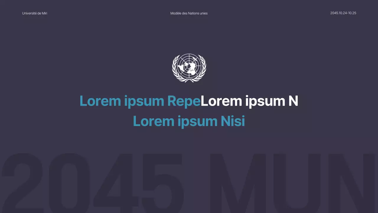 Présentation fictive de la conférence des Nations unies en bleu simple et bleu marine