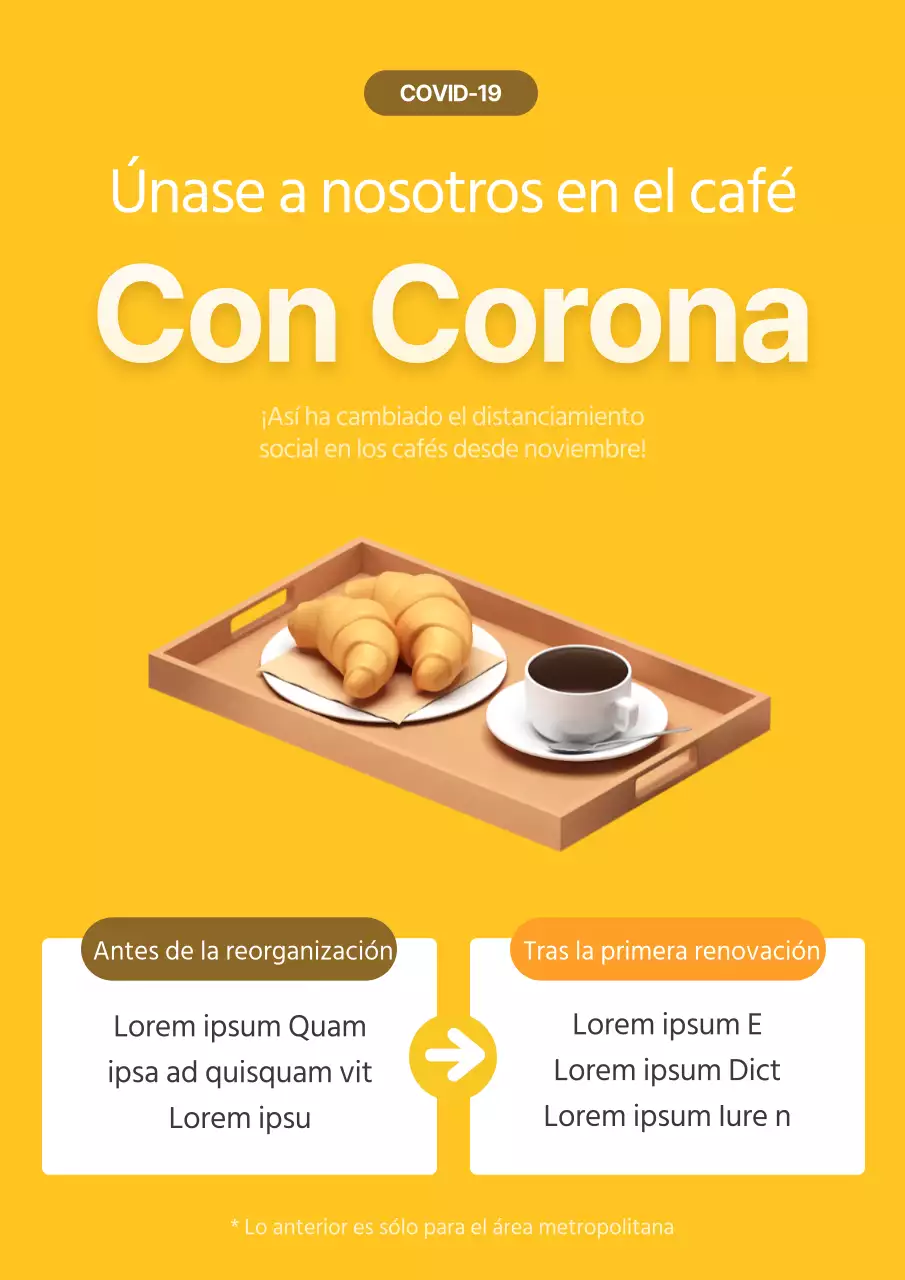 Simpática ilustración amarilla en 3D de una cafetería que anuncia un cambio en su horario de apertura.